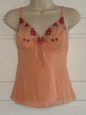 VTG Victoria's Secret Floral Mesh Babydoll Camisole Sheer Y2K Coquette M Peach